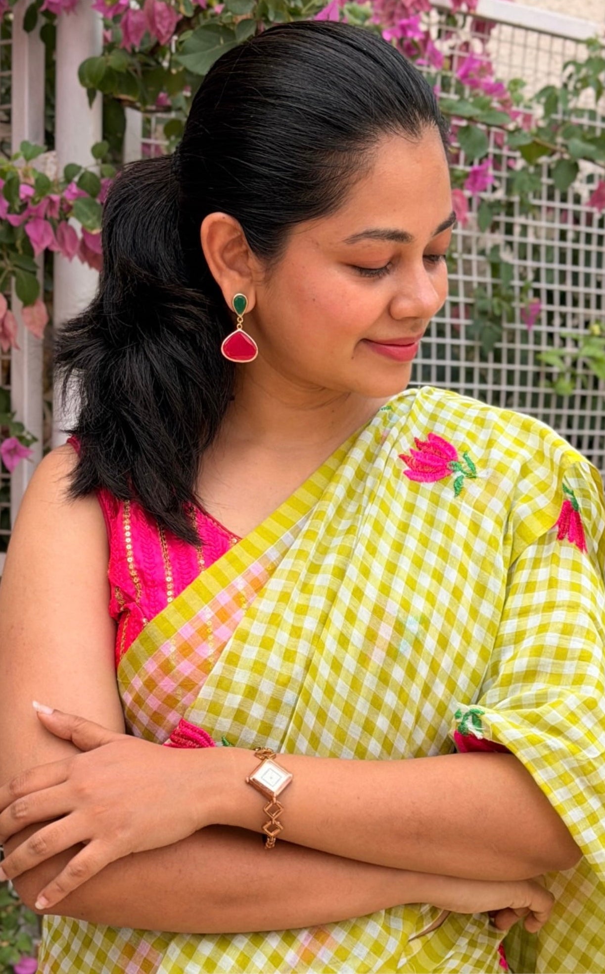 Spring Blossom Mul Mul Cotton Saree – Lime Green Checks with Floral Embroidery