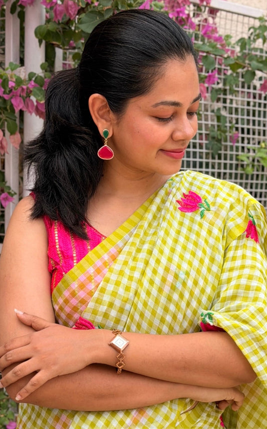 Spring Blossom Mul Mul Cotton Saree – Lime Green Checks with Floral Embroidery