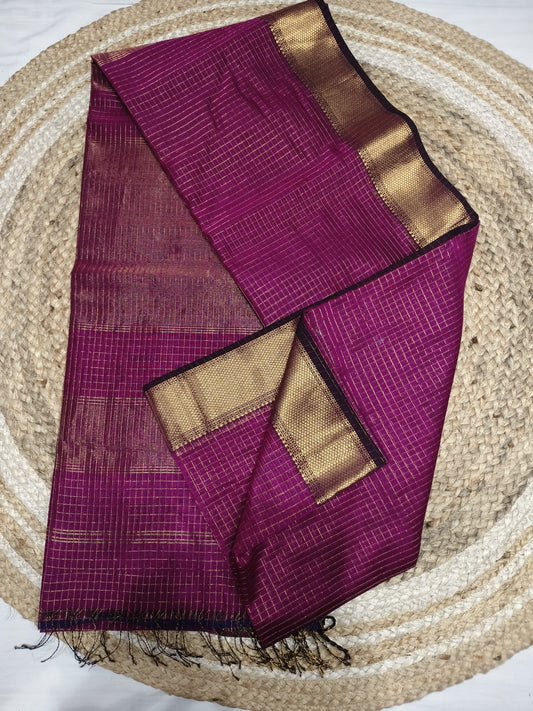 Magenta Rekha Maheshwari Silk Cotton Saree | Gold Check Weave