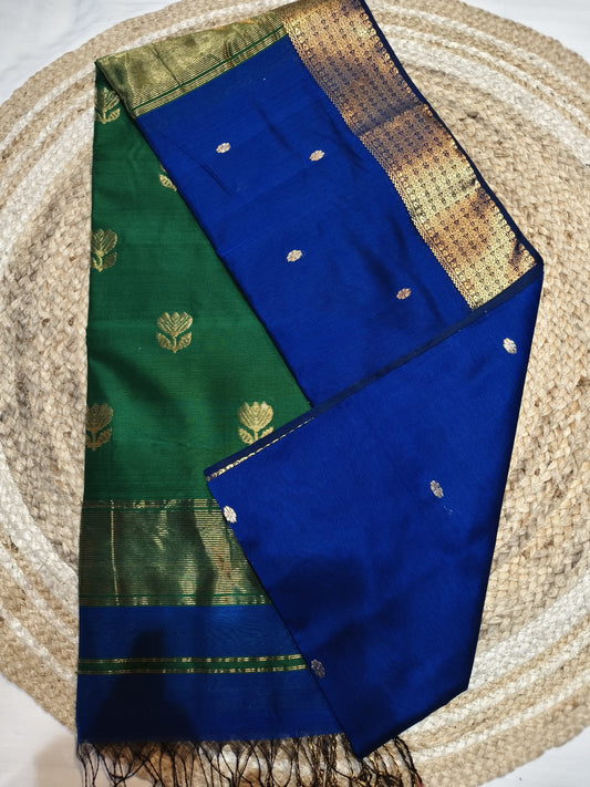 Emerald Mayuri Maheshwari Silk Cotton Saree | Green & Royal Blue