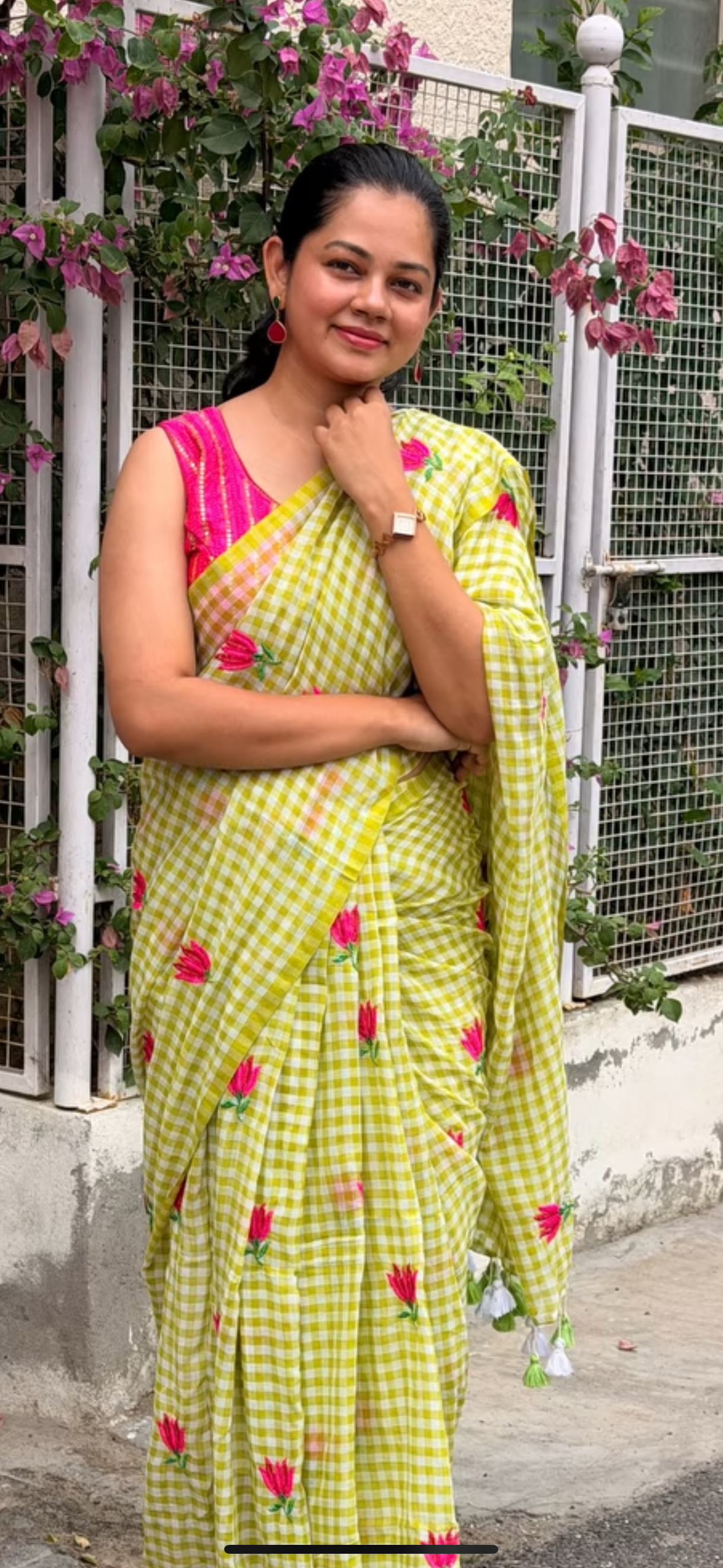 Spring Blossom Mul Mul Cotton Saree – Lime Green Checks with Floral Embroidery