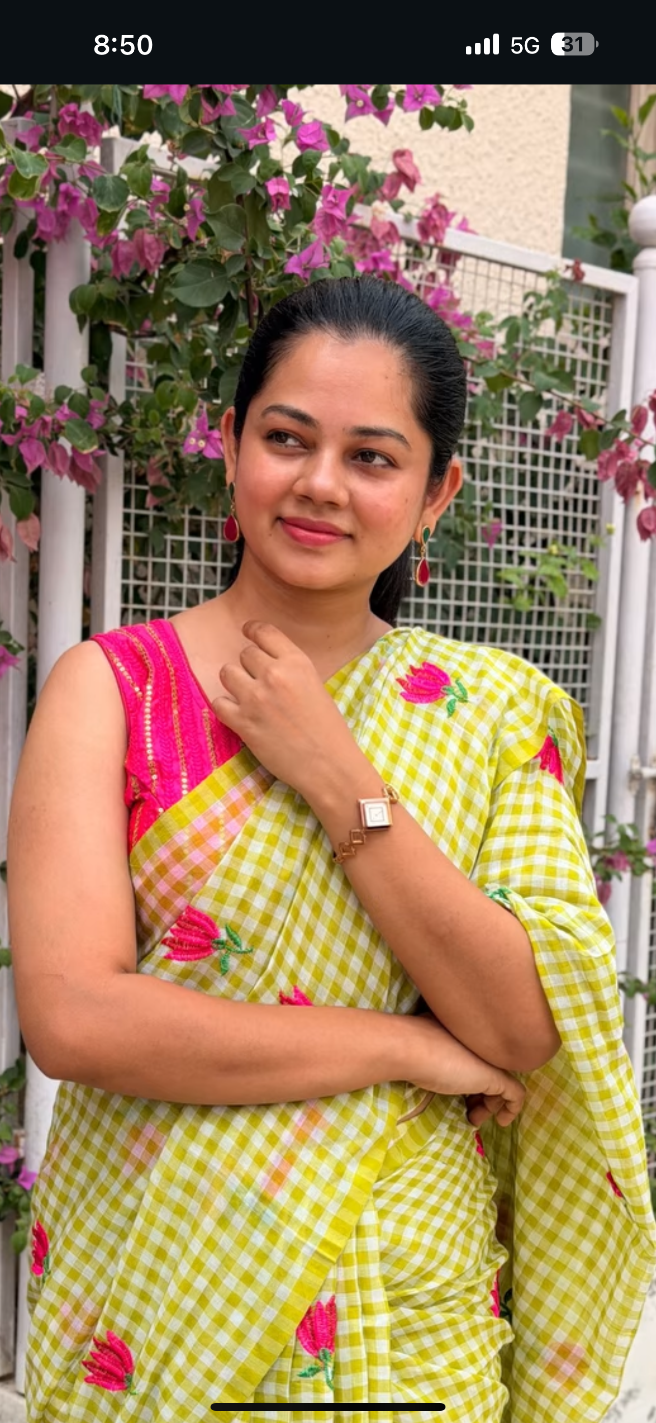 Spring Blossom Mul Mul Cotton Saree – Lime Green Checks with Floral Embroidery