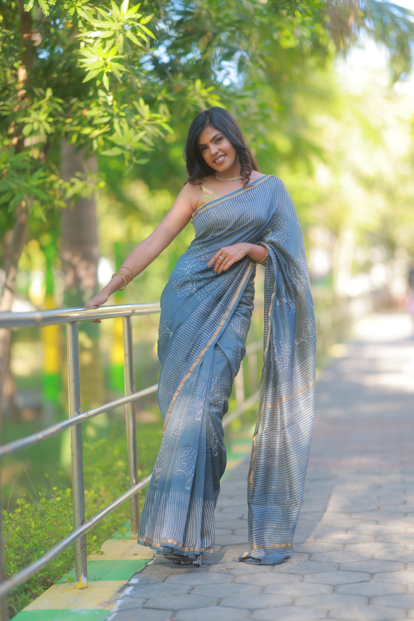Chanderi Silk Handblock Printed Blue Saree