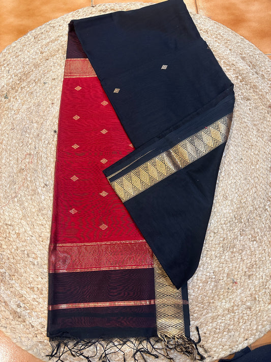 Midnight Ruby Maheshwari Silk Cotton Saree | Black & Crimson | Gold Zari Buttas