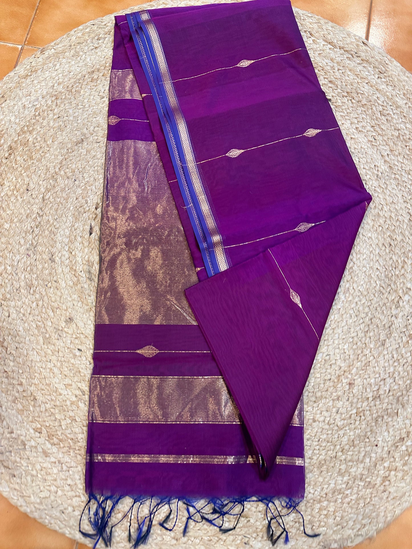 Royal Amethyst Maheshwari Silk Cotton Saree | Purple | Gold Leaf Motifs