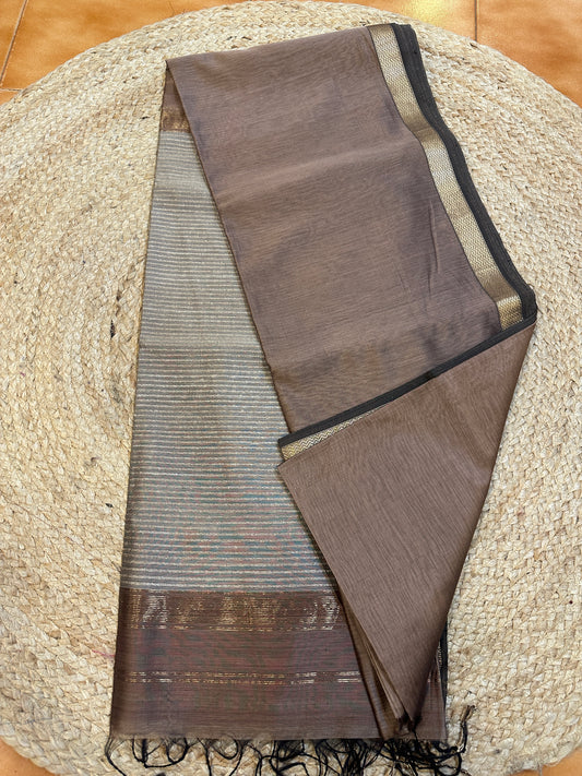 Mocha Grace Maheshwari Silk Cotton Saree | Taupe Brown | Silver Zari Pallu