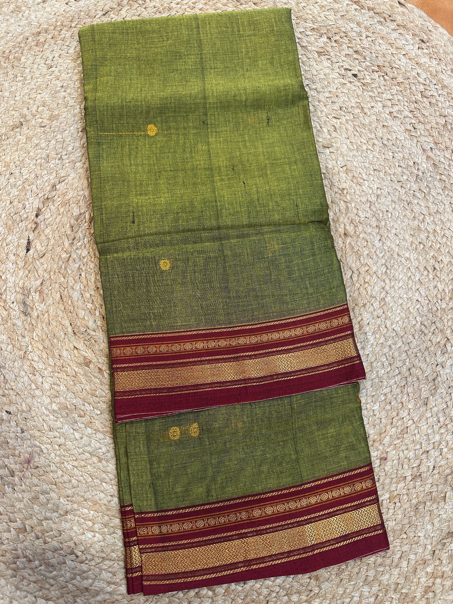 Olive Green Narayanpet Cotton Saree with Gold Butta
