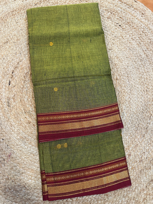 Olive Green Narayanpet Cotton Saree with Gold Butta