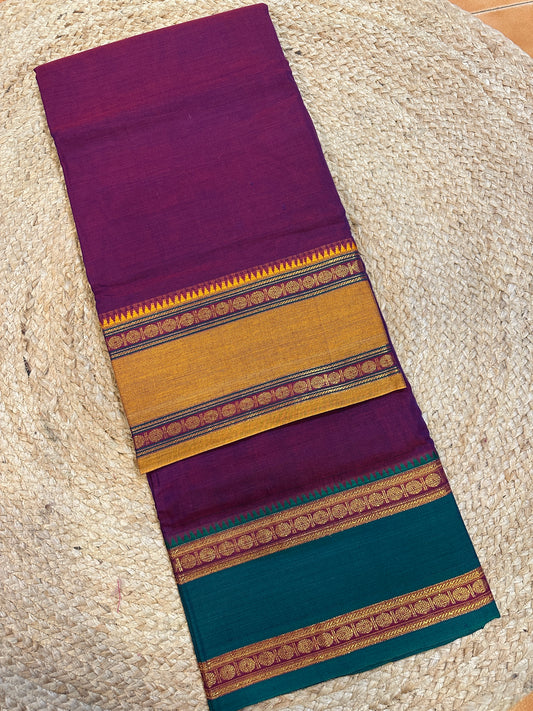 Wine Purple Narayanpet Cotton Saree with Mustard Zari Border