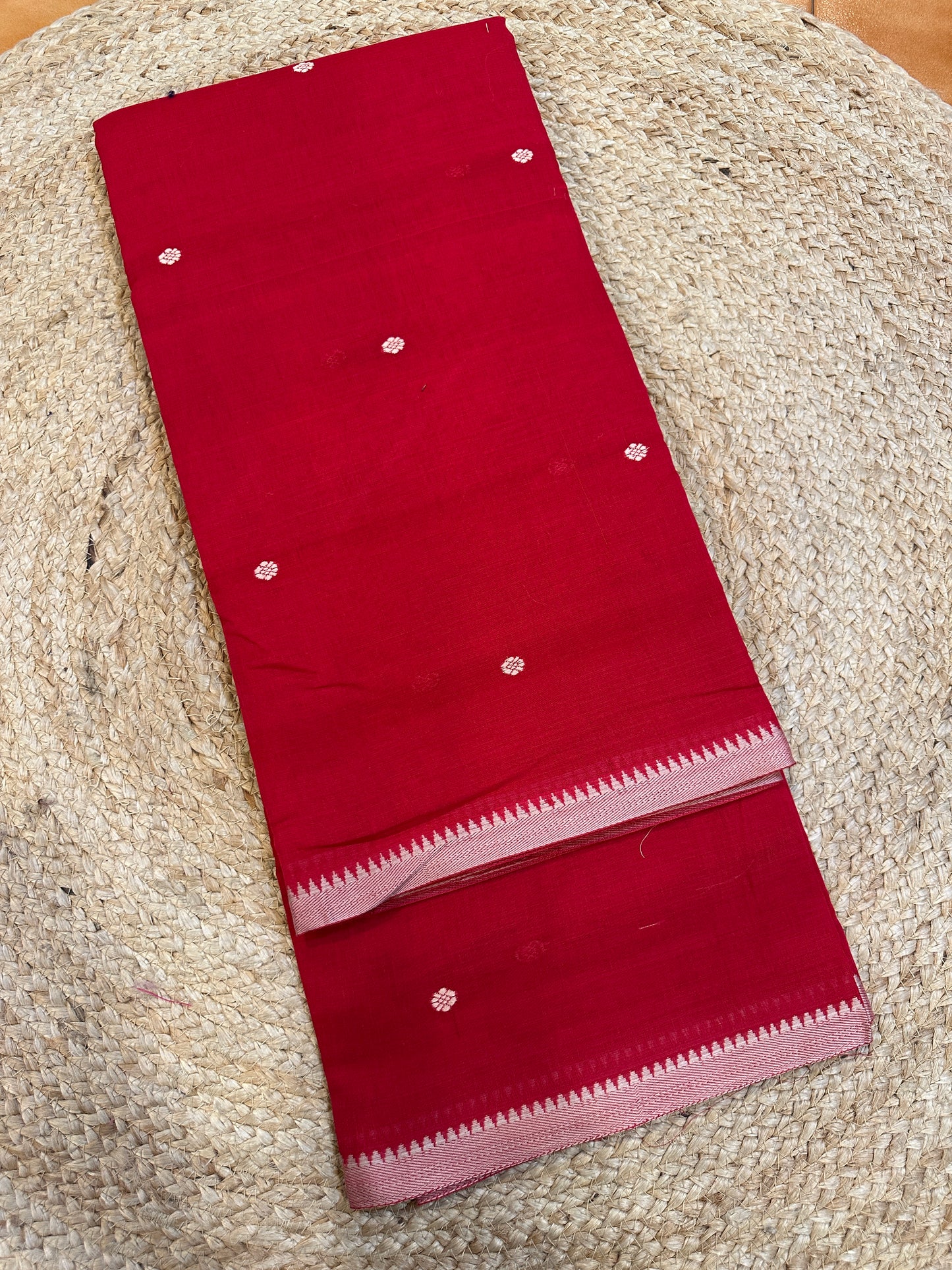 Crimson Red Narayanpet Cotton Saree with Silver Butta Temple Border