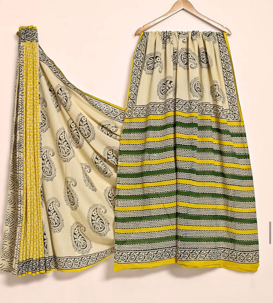 Bagru hand lock printed pure mul cotton saree