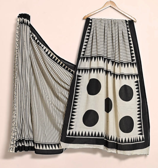Bagru hand lock printed pure mul cotton saree
