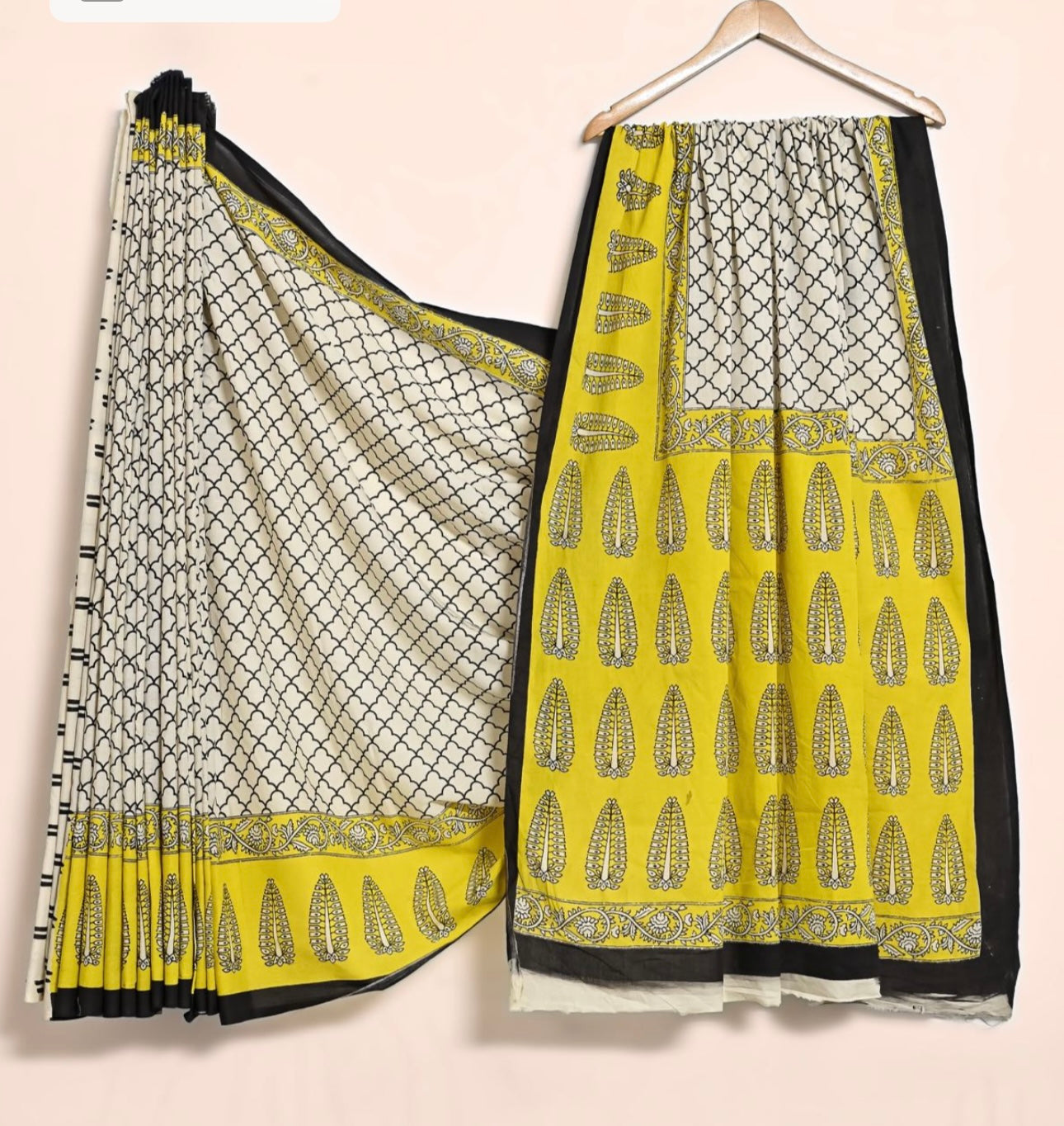 Bagru hand lock printed pure mul cotton saree