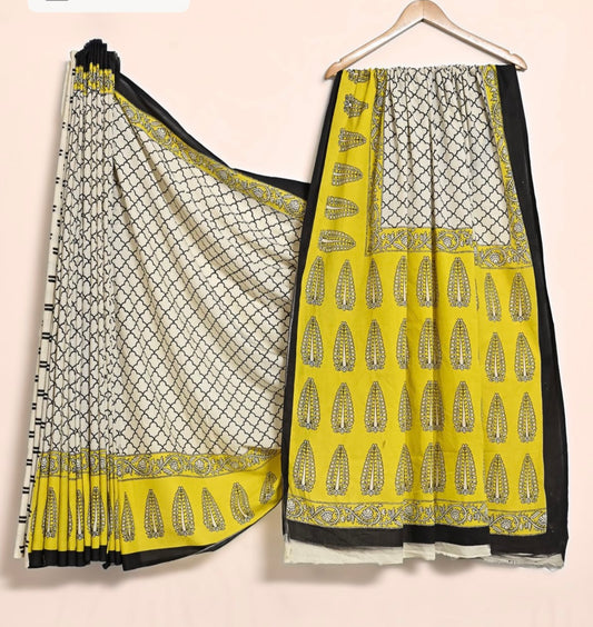 Bagru hand lock printed pure mul cotton saree