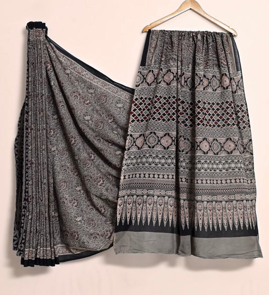 Bagru hand lock printed pure mul cotton saree