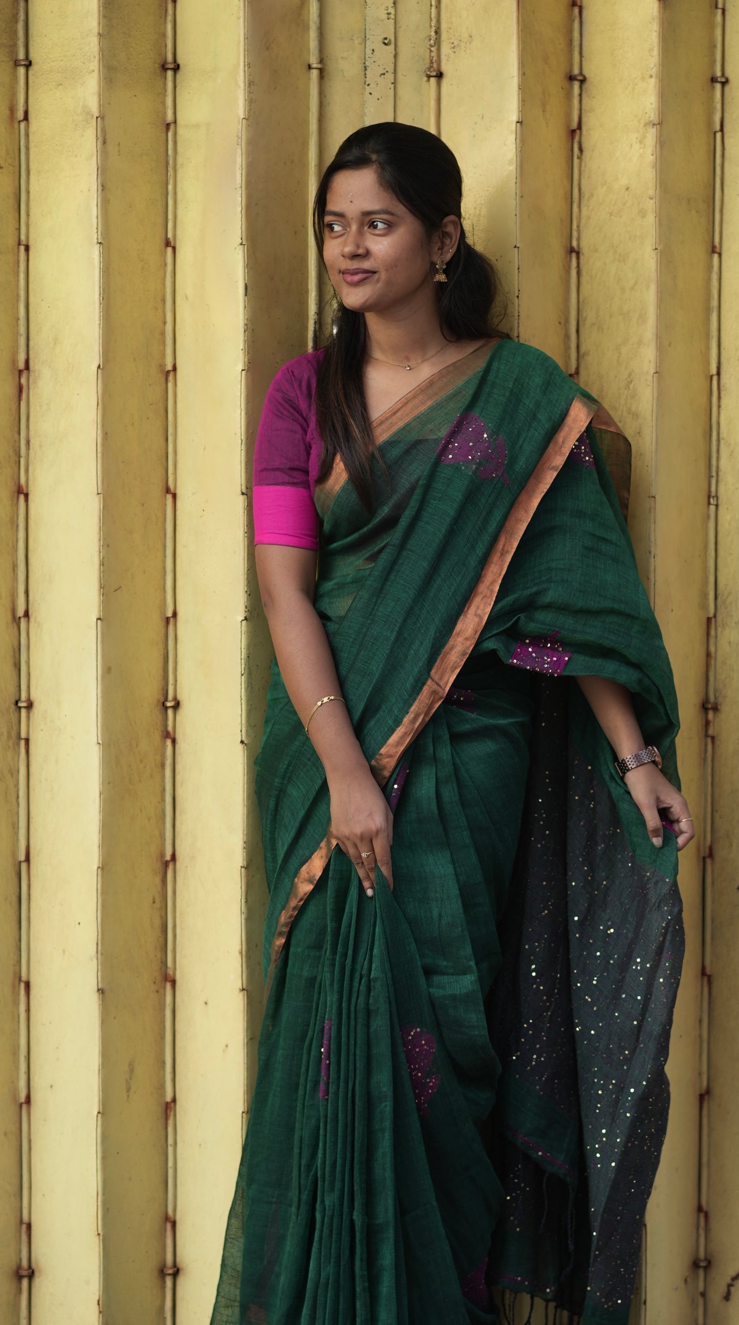 Pure linen saree with sequence work.