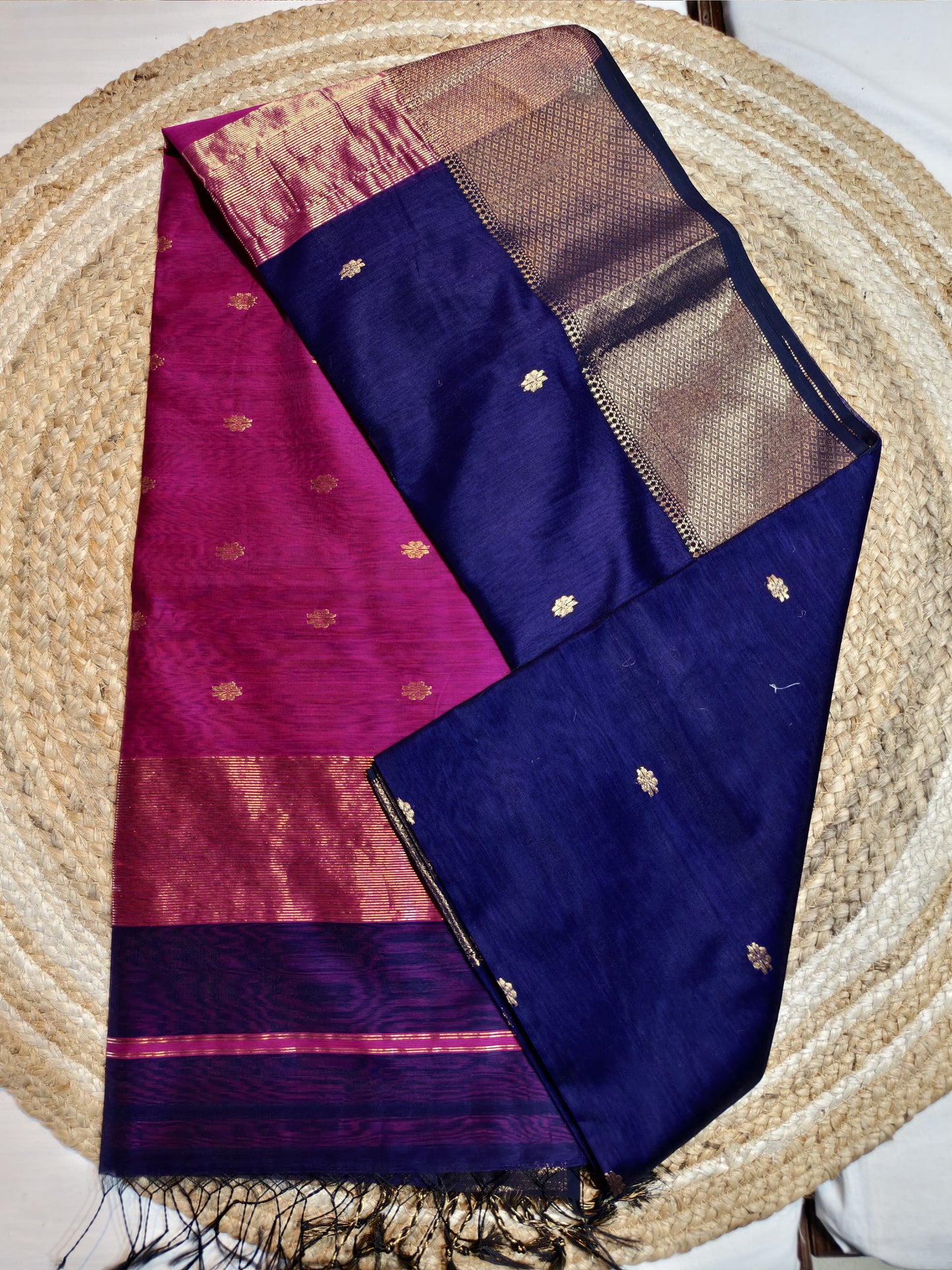 Royal Neelambari Maheshwari Silk Cotton Saree | Royal Blue & Ran