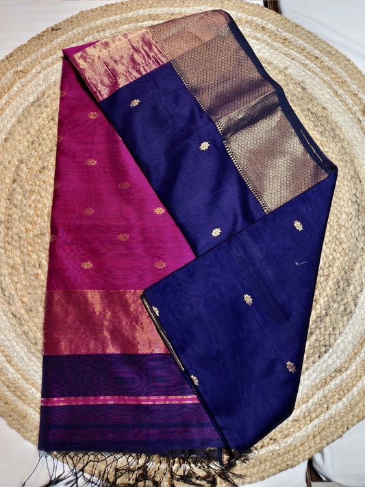 Royal Neelambari Maheshwari Silk Cotton Saree | Royal Blue & Ran